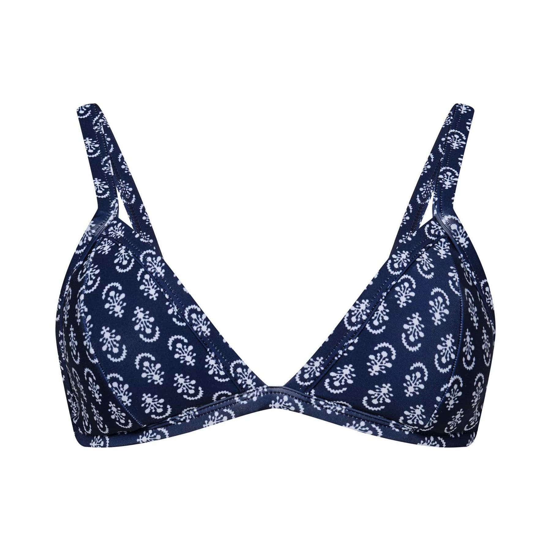 Navy blue triangle bikini top with white damask print and adjustable shoulder straps.