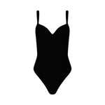 Black bodysuit with sweetheart neckline and thin shoulder straps.