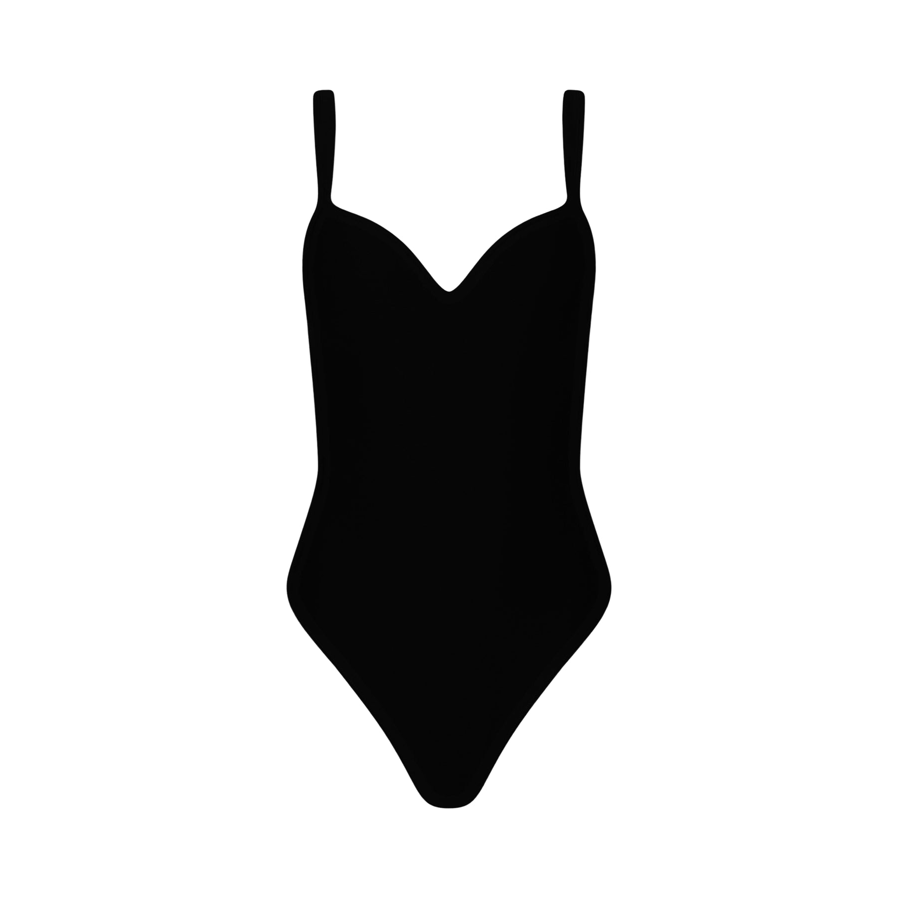 Black bodysuit with sweetheart neckline and thin shoulder straps.