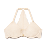 Sand-colored lace racerback bra with underwire cups and scalloped edges, displayed flat.