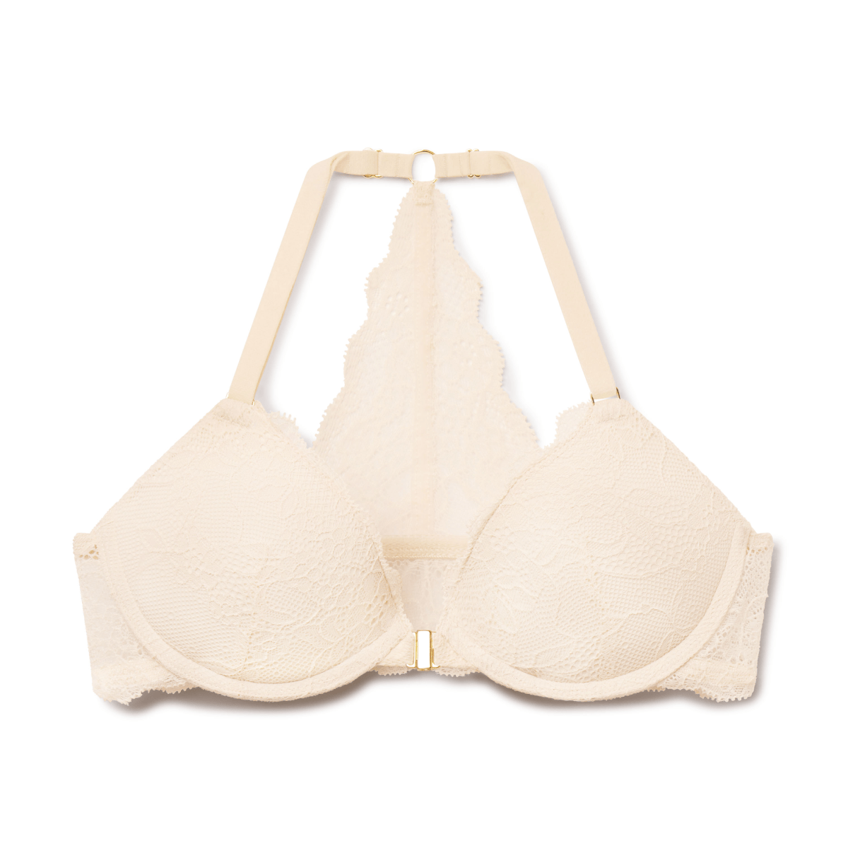 Sand-colored lace racerback bra with underwire cups and scalloped edges, displayed flat.
