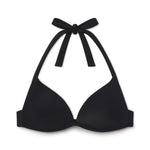 Black ribbed plunge bikini top with halter tie neckline and underwire support.