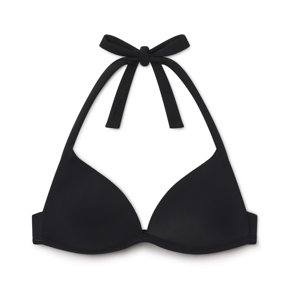 Black ribbed plunge bikini top with halter tie neckline and underwire support.