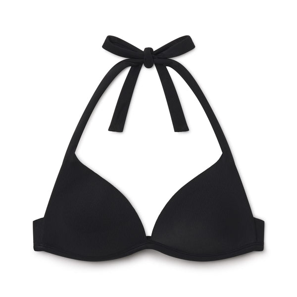 Black ribbed plunge bikini top with halter tie neckline and underwire support.