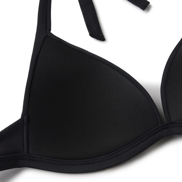 Black plunge bikini top with ribbed straps and textured fabric cup detail.