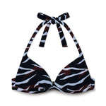 Plunge bikini top with black, burgundy, and light blue tiger stripe pattern and matching halter ties.