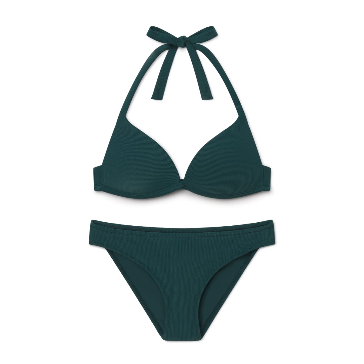 Dark teal plunge bikini top with halter tie and matching classic bikini bottom.