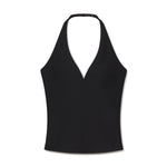 Black halter top with deep V neckline and adjustable neck strap.