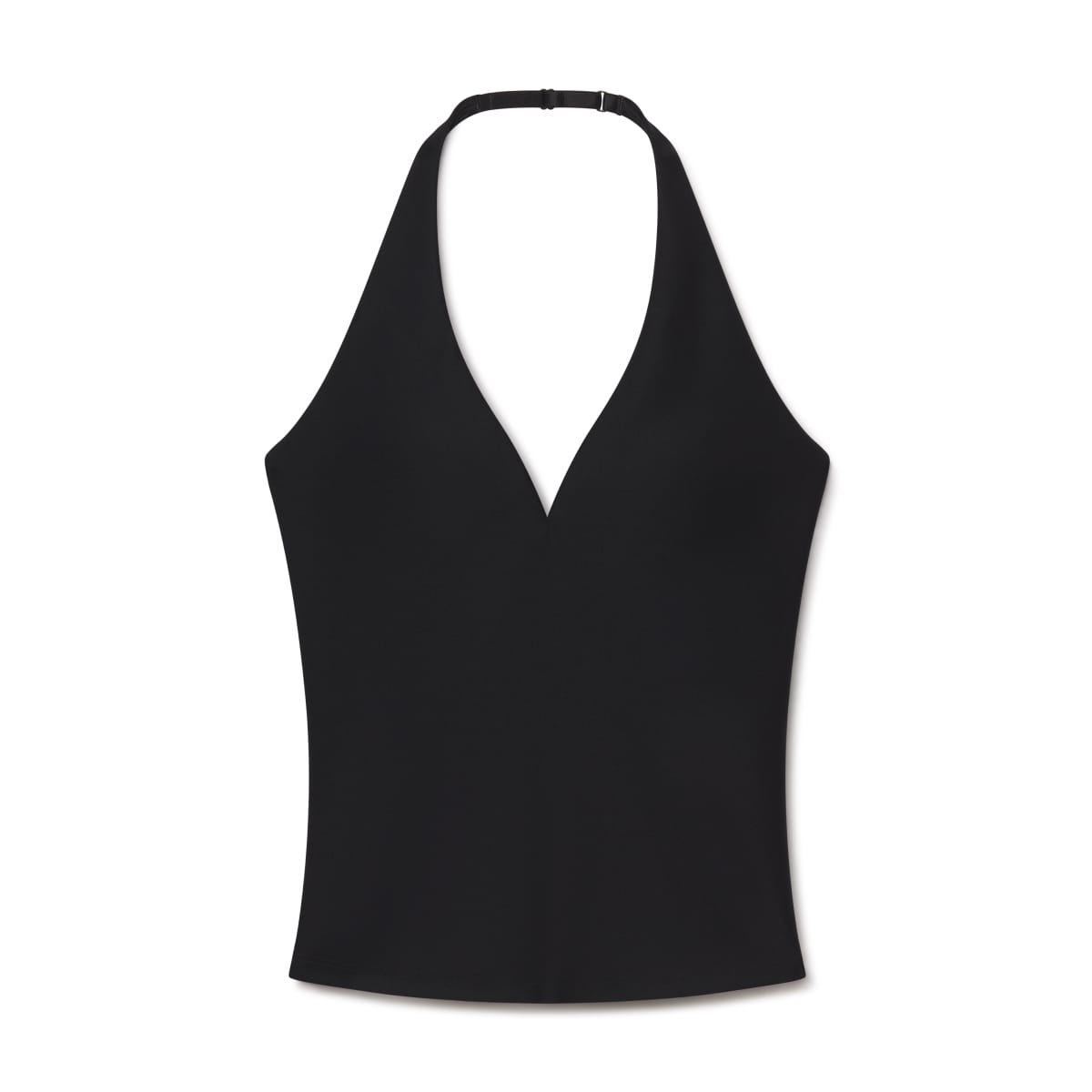 Black halter top with deep V neckline and adjustable neck strap.
