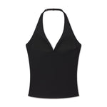 Black halter top with plunging neckline and adjustable neck strap.