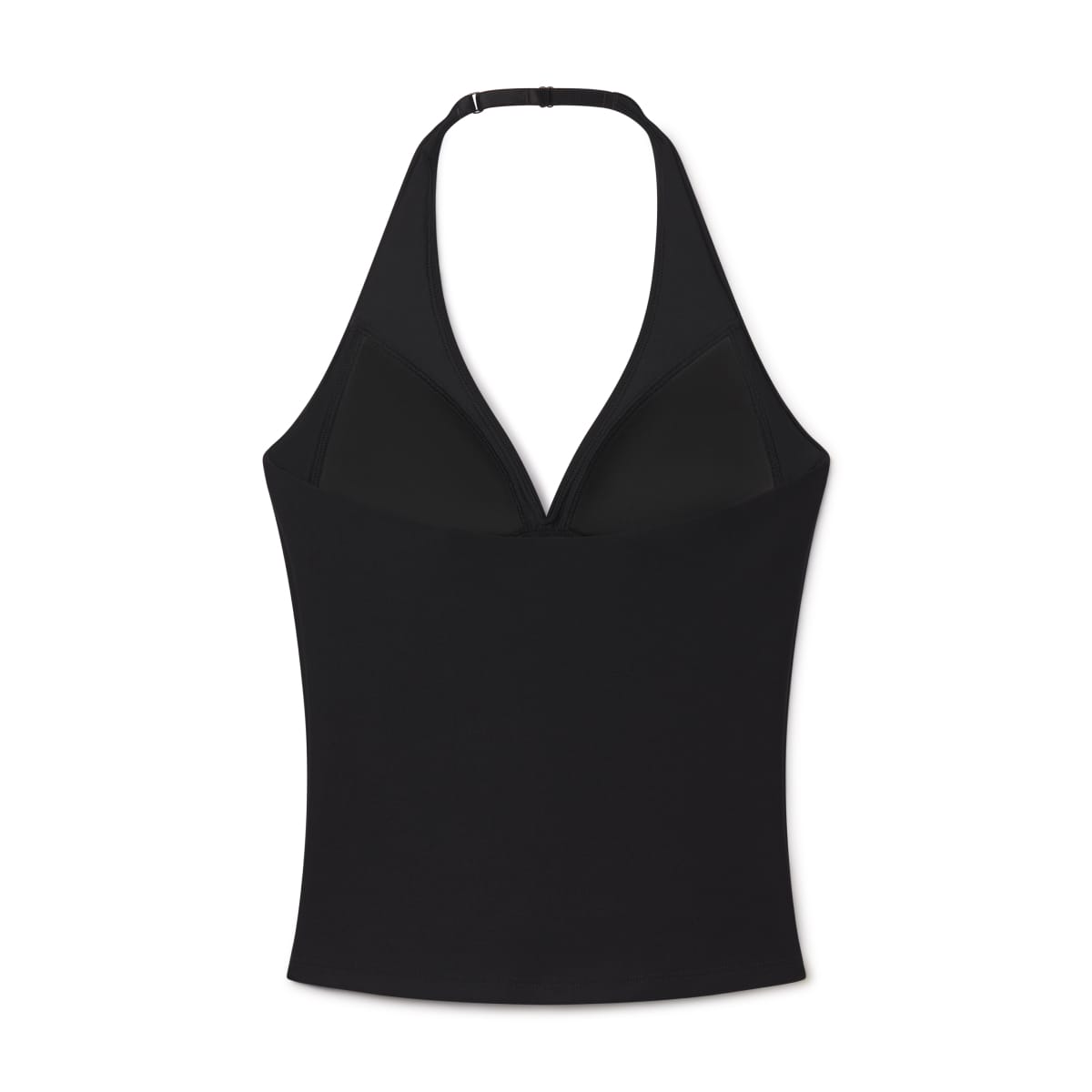 Black halter top with plunging neckline and adjustable neck strap.