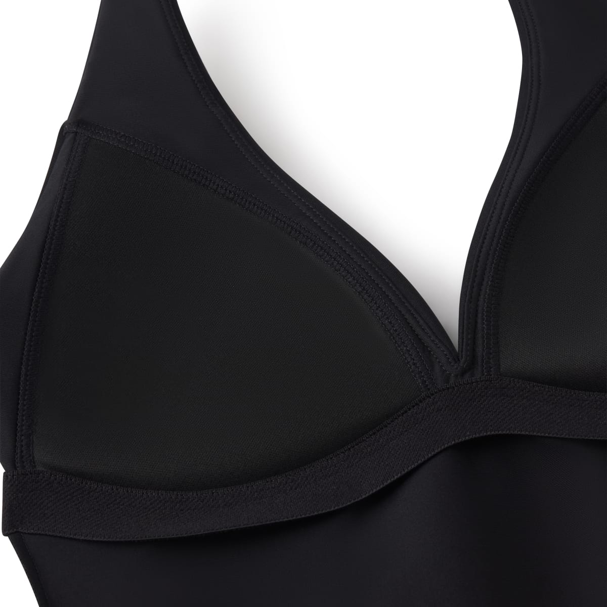Black halter top with plunging neckline and structured cups, front detail view.