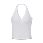White halter top with plunging neckline and sleeveless design.