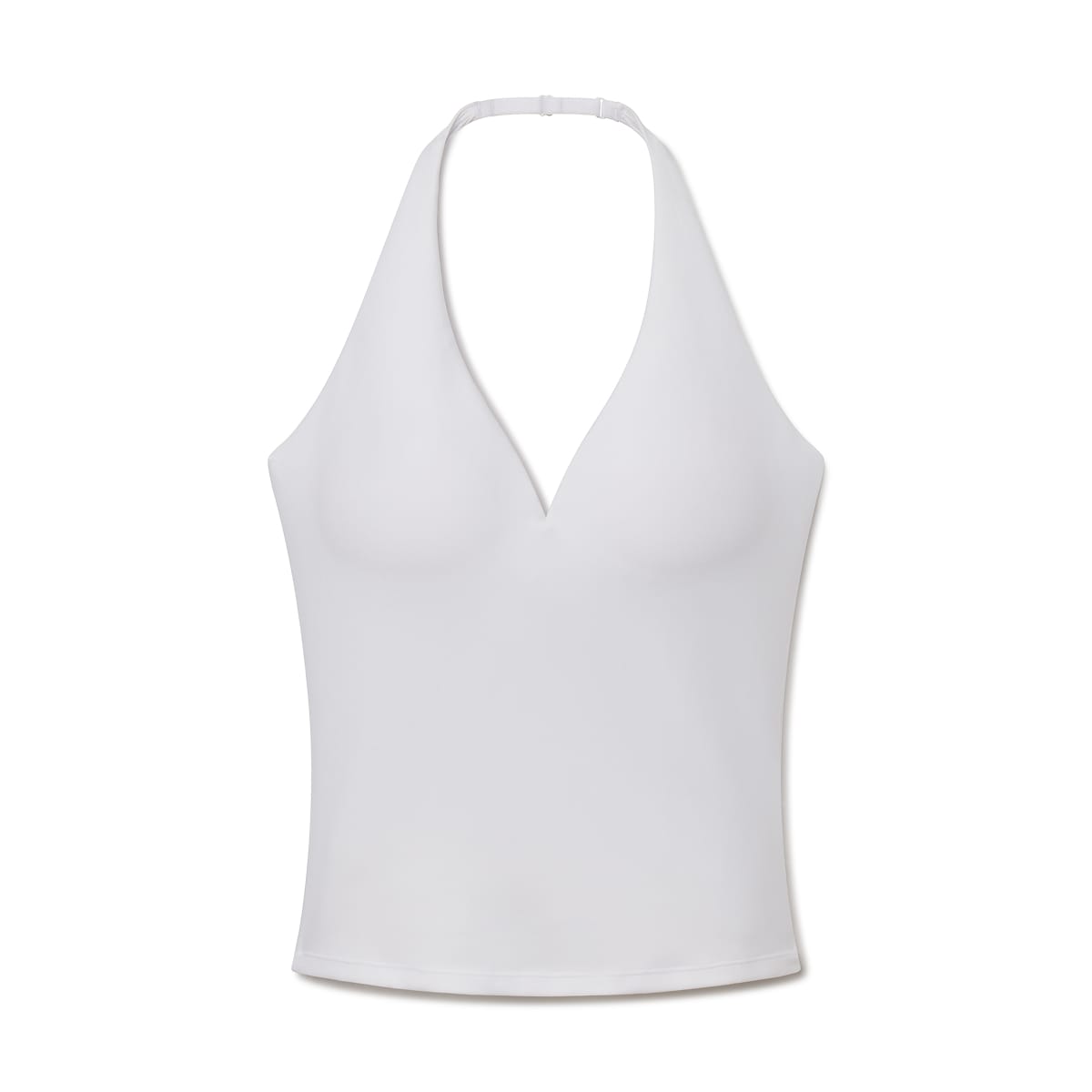 White halter top with plunging neckline and sleeveless design.