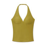 Olive-green halter top with deep V neckline and fitted silhouette.