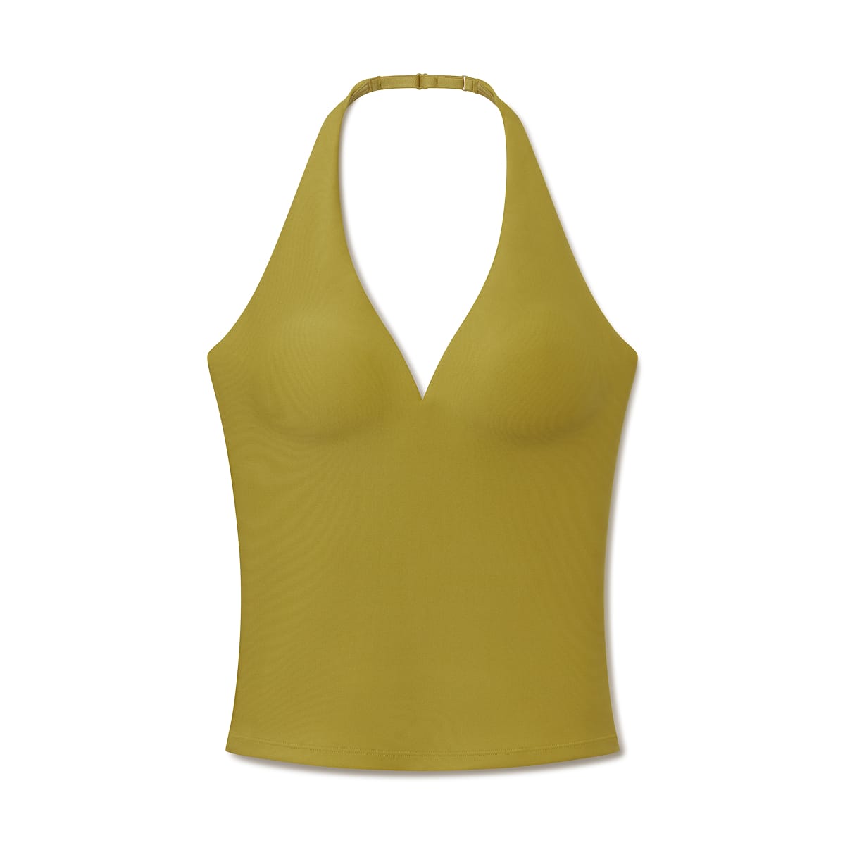 Olive-green halter top with deep V neckline and fitted silhouette.