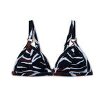 Triangle bikini top with black, white, and brown tiger stripe pattern and adjustable shoulder straps.