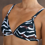 Triangle bikini top with black and white zebra stripe pattern and adjustable shoulder straps.