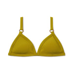 Olive-green triangle bikini top with ribbed texture and metal ring hardware on adjustable straps.