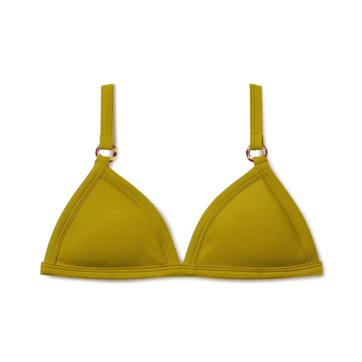 Olive-green triangle bikini top with ribbed texture and metal ring hardware on adjustable straps.