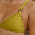 Yellow triangle bikini top with ribbed fabric and metal ring hardware.