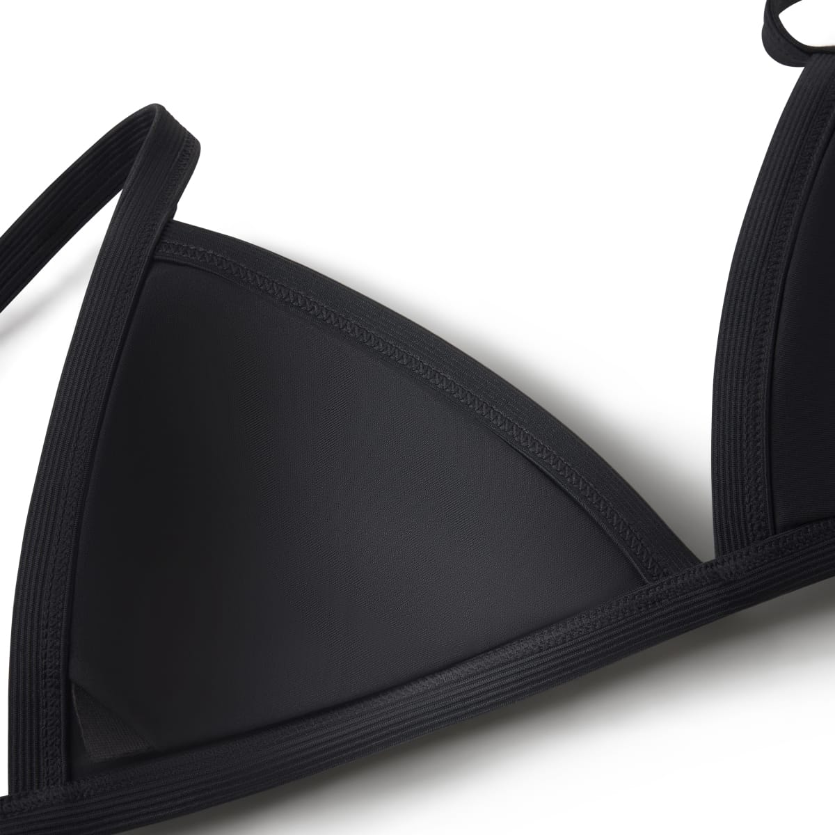 Black triangle bikini top with ribbed shoulder straps and textured trim detail.