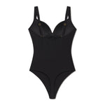 Black bodysuit with sweetheart neckline, underwire cups, adjustable straps, and gold hardware closures.