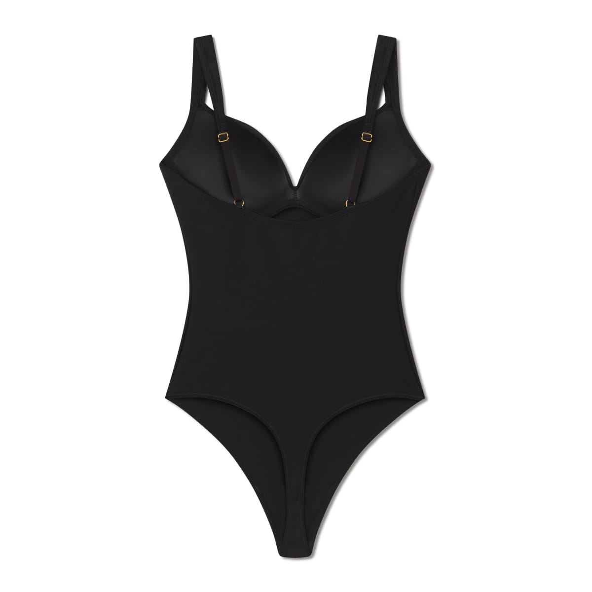 Black bodysuit with sweetheart neckline, underwire cups, adjustable straps, and gold hardware closures.